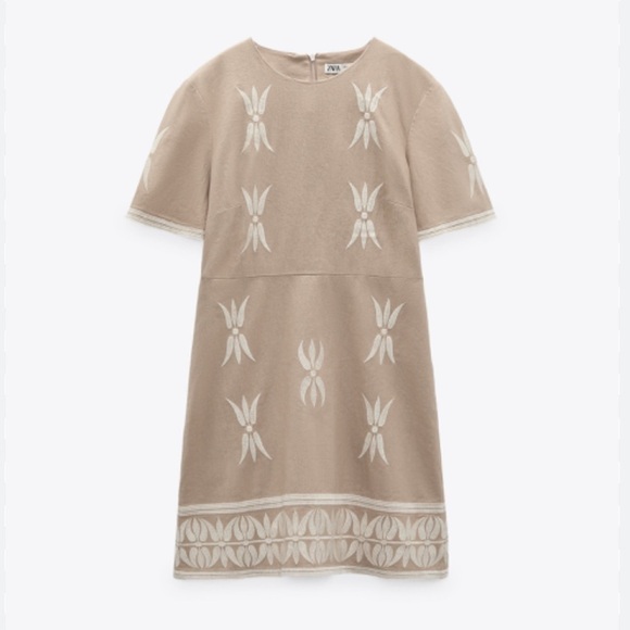 Zara Dresses & Skirts - Zara Embroidered Tan Mini Dress XL